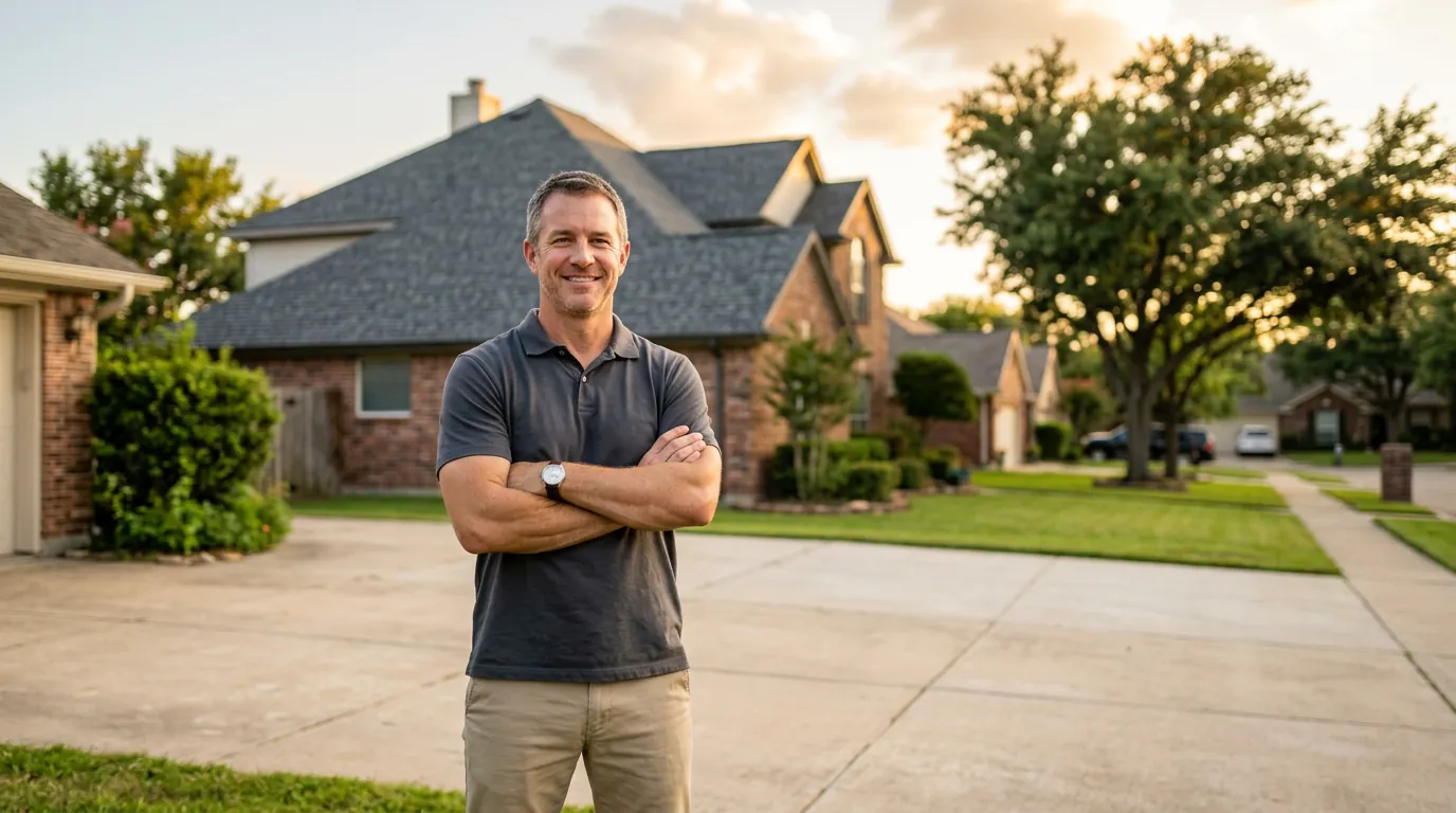 Professional roofing contractor standing in front of completed residential roof project