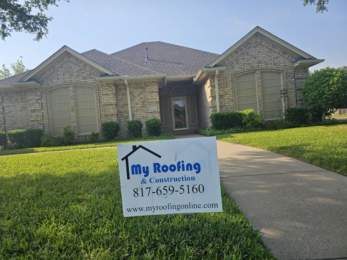 My Roofing yard sign at completed project in Johnson County, TX